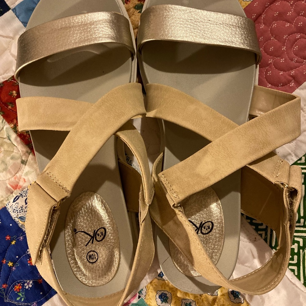 Champagne gold and tan sandals, never worn